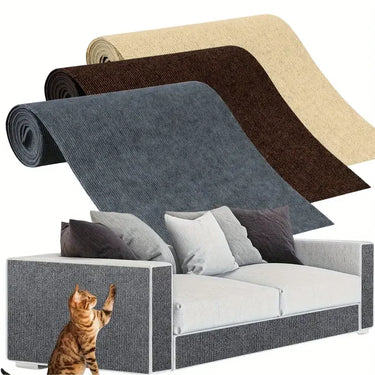 A cat scratches a sofa below three KittyNook Self-Adhesive Cat Scratching Boards in grey, brown, and beige.